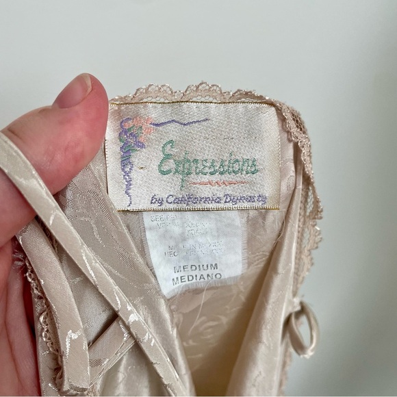 Vintage Expressions Lace Trim Satin Slip Dress Champagne Size Medium Coquette - Picture 2 of 7